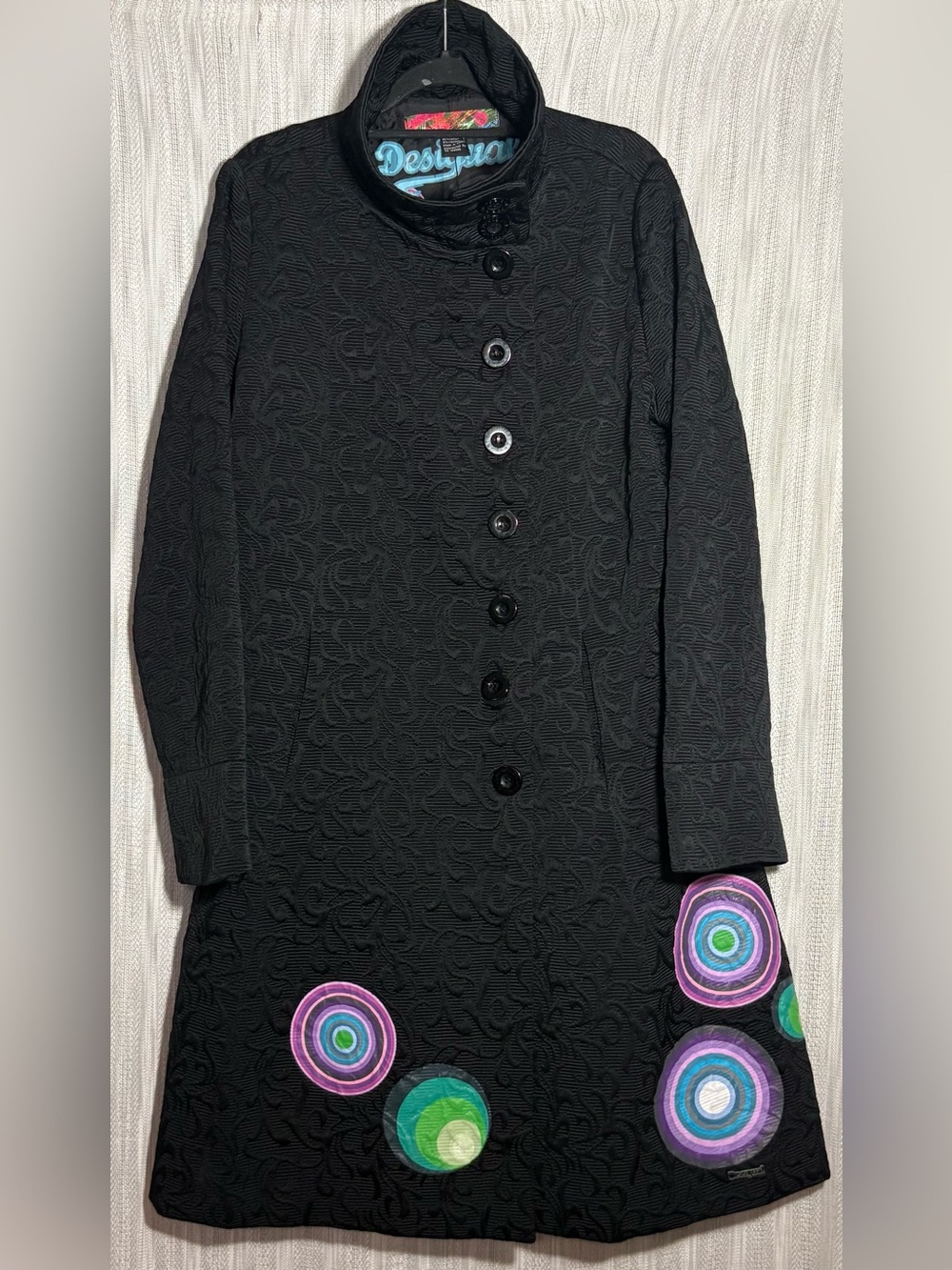 Desigual Women Trench Coat Size 46 Black Polyester Button Long Sleeve Pocket